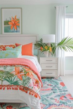 a bedroom with green walls and colorful bedding