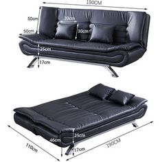 the measurements of a black leather futon sofa with pillows and throw pillows on it