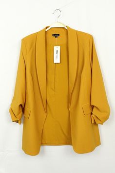 A New Way To Brighten Your Day! Mustard Blazer Open Front Shirred Sleeve Fully Lined Shawl Lapel 97% Polyester 3% Spandex Mustard Blazer Outfits For Women, Mustard Yellow Blazer Outfit, Mustard Blazer Outfit, Mustered Yellow, Mustard Outfit, Yellow Blazer Outfit, Mustard Yellow Outfit, Mustard Outfits, Mustard Jacket