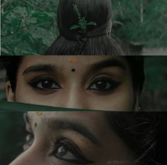 the woman is looking into the camera with her eyes wide open and green leaves above her head