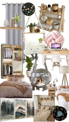 a collage of various items including bedding, curtains and other things in the room