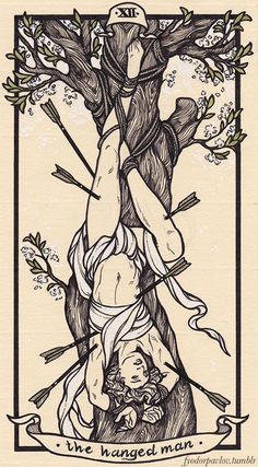 the hanged man tarot card with an image of a woman on her back and arrows in