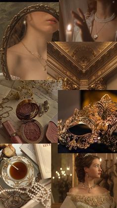 a collage of photos with various items including jewelry and necklaces in gold, white and pink colors