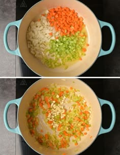 two pictures showing the process of cooking vegetables in a large pot on the stove top