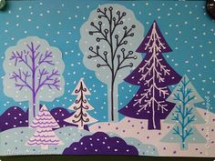 a painting of trees in the snow on a blue background