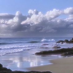 an ocean view with waves crashing on the shore and clouds in the sky over the water