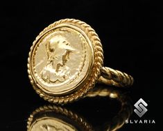 24K Gold Plated Athena Coin Signet Ring 925 Silver Ancient Roman Handmade Unique Ring Mythological Gift Women's Gift Warrior Design Ring 💍Item Details💍 SKU CODE: GMACRM23029 ★ Material: 24K Gold Plated 925 Sterling Silver ★ Silver Weight: App. 7.5 Grams {6 USA Size] ★ Ring Diameter: 2,3 mm ★ Ring Size: Available in variations  ★ Coin: Roman Soldiers ★ Coin Size: 18.6 mm (With Border) ★ Coin Metarial: 925 Sterling Silver (Rhodium Plated) ★ Ring Plate: Available in variations to Rose Gold & 24K Coin Rings Women, Warrior Design, Ring Plate, Roman Soldiers, Coin Ring, Natural Stone Jewelry, Unique Ring, Ancient Romans, Gold Coins