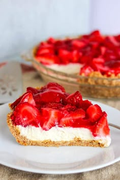 a piece of cheesecake with cherries on top is sitting on a white plate