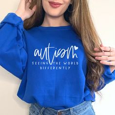 Blue Long Sleeve Slogan T-shirt, Long Sleeve Slogan Shirt In Relaxed Fit, Blue Letter Print Shirt For Fall, Blue Shirt With Letter Print For Fall, Fall Blue Shirt With Letter Print, Mom Hero, Sweatshirt Fits, Mom Sweater, Awareness Shirt