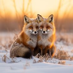 two foxes are sitting in the snow with their heads touching each other's eyes