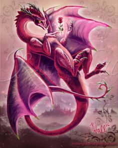 a painting of a pink dragon sitting on top of a flower