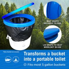 the instructions for how to use an inflatable bucket as a toilet seat and cover