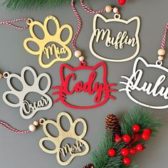 "This cute personalized laser cut pet Christmas ornament is specially designed for your pet friends. A perfect Christmas gift for your beloved pet. In addition, this special design wooden laser cut cat Christmas ornament will also be a nice gift for your animal lover friends. Christmas decorations with personalized laser cut paws can also be used as gift tags. Pet Christmas ornaments designed for your pets will be a fun decor to your Christmas tree. These sweet laser cut pet sock tags will make a great choice for Christmas stockings. Each perso Cat Christmas Stocking, Wooden Gift Tags, Cut Cat, Christmas Gifts For Pets, Cat Christmas Ornaments, Pet Christmas, Custom Christmas Gifts, Friends Christmas, House Ornaments