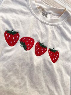 Strawberry Embroidered Comfort Colors Tee, Fruit Shirt, Summer T-shirt, Embroidered Tee, Embroidered Shirt, Custom Shirt, Cute Strawberries - Etsy Cotton Long Sleeve Top With Appliques, Cute White T-shirt With Machine Embroidery, Cute Long Sleeve Embroidered T-shirt, Long Sleeve Cotton Tops With Strawberry Print, Casual Cotton Shirt With Machine Embroidery, Cute Embroidered Cotton Shirt, Cute Cotton Tops With Machine Embroidery, Trendy Embroidered Cotton Shirt, Cute White Top With Machine Embroidery