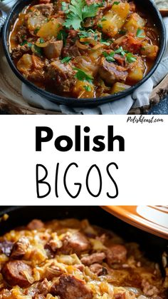 two pictures with different types of food in them and the words polish bigos above it