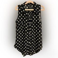 Nwot Xs Black Blouse With White Polka Dots Button Down With Breast Pockets Summer Polka Dot Blouse With Button Closure, Polka Dot Blouse With Button Closure For Summer, Summer Polka Dot Pattern Blouse With Buttons, Summer Polka Dot Blouse With Buttons, Casual Polka Dot Blouse With Buttons, Polka Dot Blouse With Buttons For Summer, Polka Dot Tops With Buttons For Workwear, White Polka Dot, Black Blouse