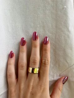 Nail Inspo Trendy Chrome, Red Chrome Nails With Design, Hoco Nails To Match A Red Dress, Simple Nail Designs Short Nails Oval, Red Nails With Green Chrome, Garnet Nail Color, Cherry Red Chrome Nails Almond, Short Chrome Red Nails, Fall Nail Ideas Chrome