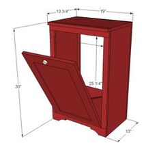 a red cabinet is shown with measurements for the door and bottom section on it's side