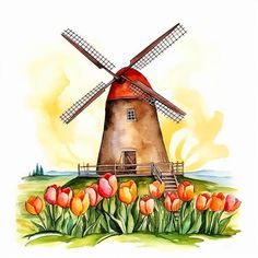 a watercolor painting of a windmill and tulips