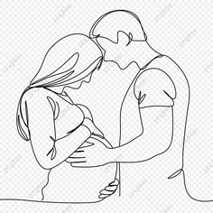 a man and woman hugging each other with one hand on his chest black and white line drawing