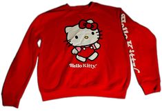 Cute Red Long Sleeve Sweatshirt, Winter Hello Kitty Print Crew Neck Top, Hello Kitty Print Crew Neck Top For Winter, Hello Kitty Print Crew Neck Tops For Fall, Cute Red Crew Neck Sweatshirt, Casual Red Hello Kitty Top, Red Hello Kitty Print Crew Neck Top, Red Crew Neck Top With Hello Kitty Print, Hello Kitty Hoodie