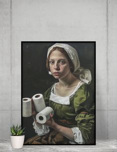 a painting of a woman holding two rolls of toilet paper next to a potted plant