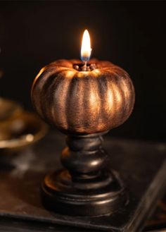 a lit candle sitting on top of a table