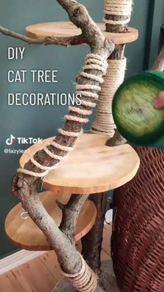 the cat tree is made from wood and has branches that have been cut off to make it