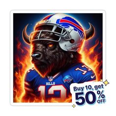 a buffalo football player with flames on the background