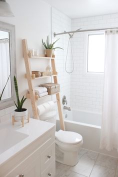 a white bathroom with a ladder in the shower