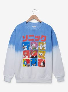 Bring the speed to your wardrobe with this Sonic the Hedgehog-inspired crewneck! Featuring portraits of Sonic  Knuckles  Tails  and more beneath Japanese lettering  this sweatshirt includes a split dye background  perfect for fans of the games.Please note: due to the nature of tie-dye  wash may vary.A BoxLunch Exclusive!50% cotton; 50% polyesterListed in unisex sizesWash cold with like colors; dry lowDo not iron over printImported Sonic Clothes, Sonic Y2k, Sonic Knuckles Tails, Sonic Merch, Kid Core Outfits, Hedgehog Character, Japanese Lettering, Sonic Knuckles, Split Dye