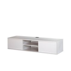 a white entertainment center with two doors and shelves on one side, an open shelf to the