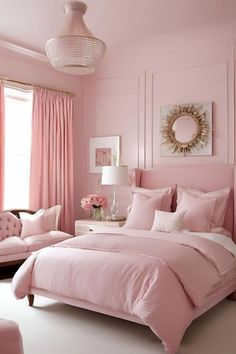 a bedroom with pink walls and furniture