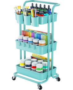 a blue cart filled with lots of paint and supplies