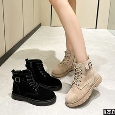 Fisdy - Suede Leather Martin Boots, Flat Heel Ankle Boots with Lace-Up Closure Flat Heel Ankle Boots, Rough Heels, Flat Heels, Short Leather Boots, Leather Short, Genuine Leather Shoes, Martin Boots, Pointed Toe Flats, Leather Shorts