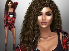 an image of a woman with long curly hair wearing plaid clothes and high heeled boots