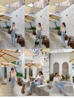 a collage of photos showing different ways to sit on a bench with an umbrella