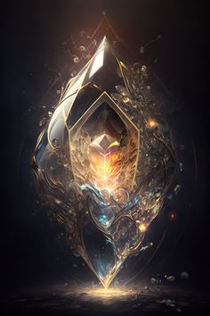 an abstract design with gold and blue colors on a black background, in the shape of a diamond