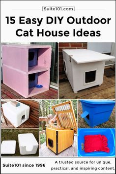 an advertisement for cat house ideas with pictures of cats and their houses in different colors