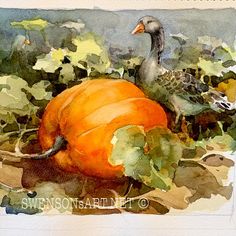 a watercolor painting of a duck and a pumpkin