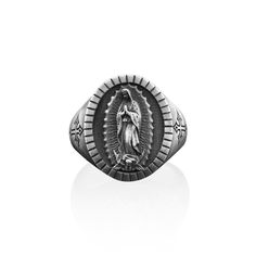 Our Lady of Guadalupe Signet Ring For Men , Guadalupe Christian Sterling Silver Ring, Virgin Mary Ring, Family Ring, Christian Men Gift This lovely Our Lady of Guadalupe ring is perfect for daily wear. It is crafted from fine 925K silver and has the most intricate details that are sure to catch the eye of anyone who sees it. Handcrafted with love and joy, this ring will be with you for years to come, possibly even taking its place as a family heirloom for generations to come! With its detailed h Silver Our Lady Of Guadalupe Jewelry For Wedding, Virgin Mary Ring, Signet Ring For Men, Family Ring, Oxidized Ring, Family Rings, Christian Men, Our Lady Of Guadalupe, Lady Of Guadalupe