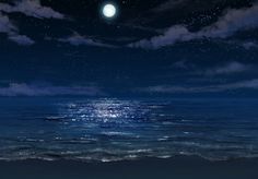 the moon shines brightly in the night sky over the ocean and beach with waves