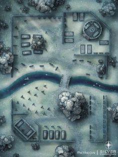 an aerial view of a river and town in the middle of snow covered ground with trees