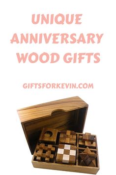 the unique anniversary wood gifts are made out of wooden blocks and pieces, with text overlay that reads unique anniversary wood gifts