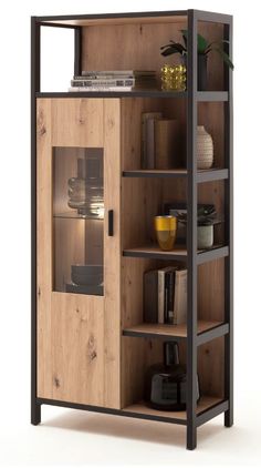 a wooden cabinet with glass doors and shelves on the front, open to show items inside