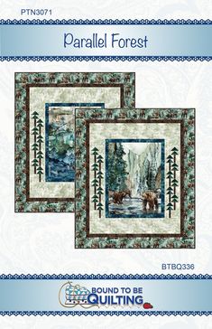 three quilts with animals and trees on them