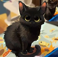 a black cat sitting on top of a bed next to a kitten toy in a room