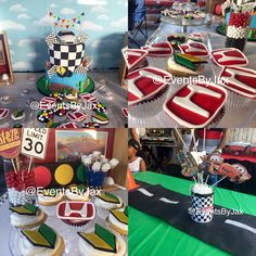 a table topped with lots of cakes and cupcakes on top of each other