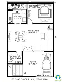 a floor plan for a small house with the living room and dining area in it