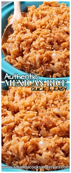 an image of mexican rice being cooked in a blue bowl with the words authentic mexican rice quick and easy